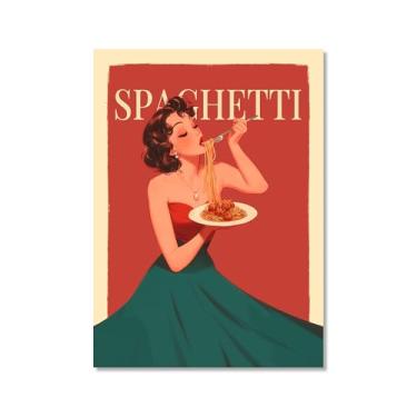 Imagem de Pôster Vintage Italian Foods Mulher Comendo Espaguete Pôsteres Ilustração Arte Pintura em Tela Impressão Massa Comida Cozinha Decoração de Parede (SKU3,12 x 40,6 cm = (30 x 40 cm), sem moldura)