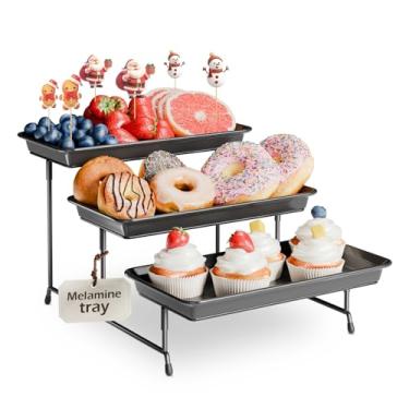 Imagem de Bandeja de servir de plástico de 3 camadas para festa, pratos de 29 x 14 cm para servir alimentos, seguro para micro-ondas, bandejas pretas reutilizáveis e suporte de exibição de metal para cupcakes