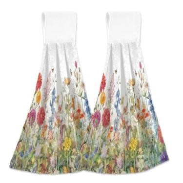 Imagem de xigua Conjunto de 2 toalhas de cozinha coloridas de flores silvestres, toalhas de cozinha macias e absorventes rápidas com laço para pendurar e adesivos mágicos, toalhas de mão de pano para pendurar