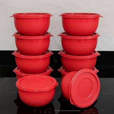 Imagem de Kit 10 Potes Bowl 1300ml Plástico com Tampa – Marmita Cozinha, Freezer, Micro-ondas e Lava-Louças.(10 Bowl Vermelho)