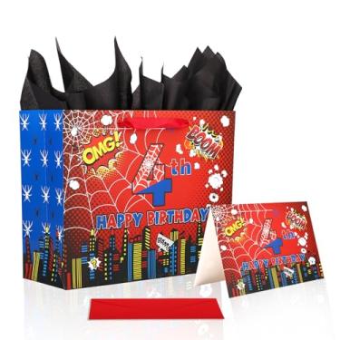 Imagem de Sacolas Presente Aniversário Aranha, Sacolas Desenho Animado com Teia Aranha Vermelha Azul com Envelope Papel Seda Cartão Felicitações para Decoração Festa Aniversário Infantil (4º Ano)