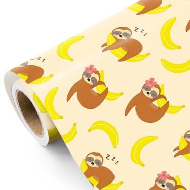 Imagem de WRAPAHOLIC Rolo de papel de embrulho preguiça - Mini rolo - 43 cm x 40 cm - Papel de embrulho de preguiça e banana para aniversário, chá de bebê, festa tropical, festa de animais