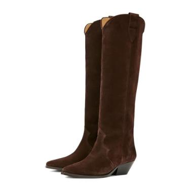 Imagem de XBKXMK Botas femininas de camurça, bico fino, cowgirl, cano alto, salto grosso, botas de cano alto, elegante, cano largo, moda casual, Chocolate, 36