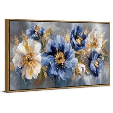 Imagem de Arte de parede de flor azul e dourada abstrata azul marinho e branco imagens florais para decoração de parede de sala de estar impressões em tela de flores silvestres arte emoldurada estética moderna