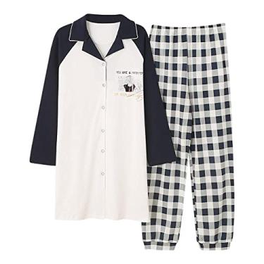 Imagem de HHHJQFAAT Pijama feminino plus size manga comprida gola virada para baixo pijama cardigã pijama (preto médio)
