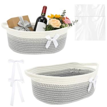 Imagem de Cesta de presente vazia com fitas, gravata borboleta e bolsa, 37 x 24,5 x 14 cm, caixa decorativa vazia para o dia dos namorados, armazenamento de cesta de corda com alça para batismos de bebês, dia