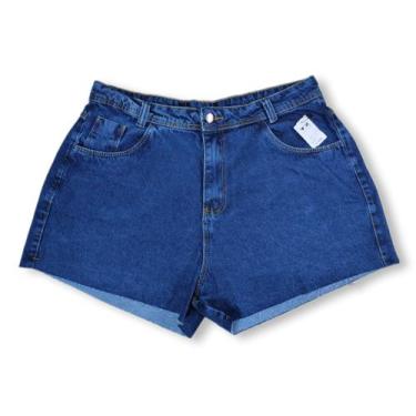 Imagem de Short Jeans Azul Escuro Liso Cintura Alta Com Bolsos Plus Size Feminin