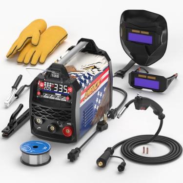 Imagem de ANDELI Soldador MIG de 135 Amp 110V/220V de tensão dupla, núcleo de fluxo portátil MIG/Lift Tig/Stick Máquina de solda MIG multiprocesso 3 em 1 com sinergia, kit completo de display LED (capacete de