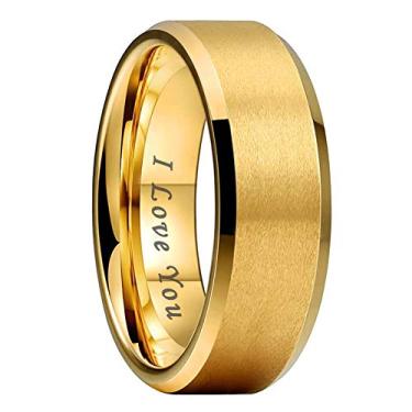 Imagem de TUTISS Anéis de tungstênio de 6 mm 8 mm para homens e mulheres, casal, moda, joias, noivado, alianças de casamento, bordas chanfradas foscas, I Love You Gravado Ajuste confortável, Metal não precioso,