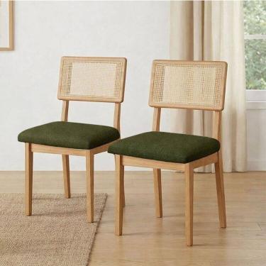 Imagem de Kit 2 Cadeiras de Jantar Assento Estofado em Tecido com Encosto em Tela Mdf Freijó / Verde