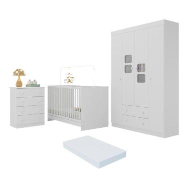 Imagem de Quarto De Bebê Completo Com Berço 3 Em 1 Com Colchão Incluso Brisa Multimóveis MP4537 Branco