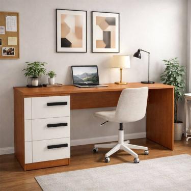 Imagem de Mesa para Escritório Lisboa 3 Gavetas Creme/Freijó - Politorno
