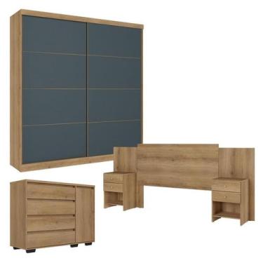 Imagem de Guarda Roupa Casal Malaga 2 Portas Capuccino Azul com Cômoda com Porta