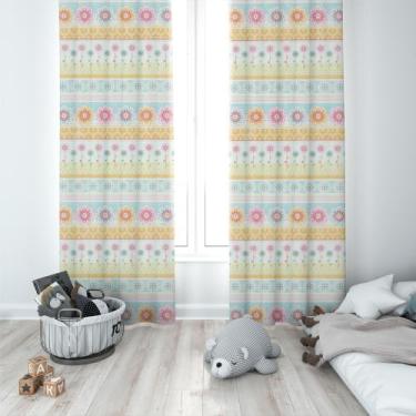 Imagem de Cortina Tecido Oxford Quarto Infantil Faixas e Flores - 140x220cm - Fa
