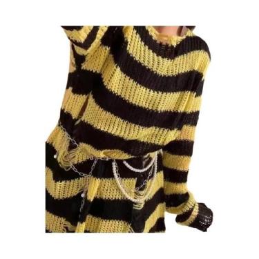 Imagem de Suéter Feminino Y2K Gótico Com Furos E Listras, Tricô De Manga Longa R