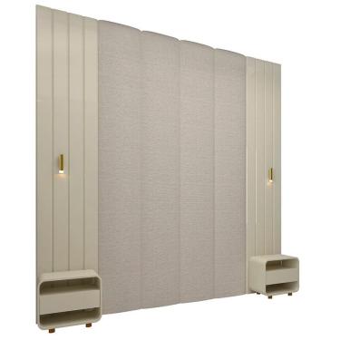 Imagem de Cabeceira Box 2 Placas Ripadas Majestade 2 Luminárias 2 Mesas Cabeceira Innova 100% Mdf Magnífica Natural Claro/Off White