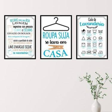 Imagem de Kit 3 Quadros Decorativos Lavanderia Azul 34x23cm