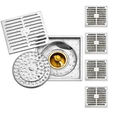 Imagem de Ralo 10x10 Inox Kit 4 Uni Banheiro Anti Inseto Anti Odor Casa Quintal Lavabo Rapido Escoamento Resistente