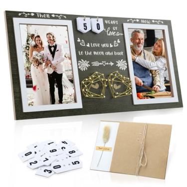 Imagem de DearKeeps Porta-retrato de aniversário Then & Now – Presente de aniversário de casamento para casais e pais, porta-retrato duplo 10 x 15 anos com cartões de número e cartão comemorativo (verde escuro)