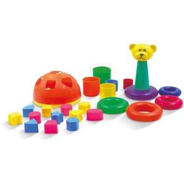 Imagem de Brinquedo Educativo para Bebê Baby Toy Set Kit 18 Peças com Encaixar Ursinho e Potinhos Empilháveis Pica Pau Brinquedos