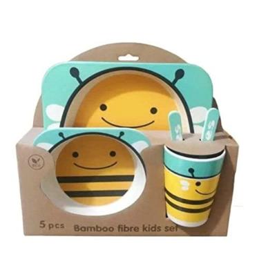 Imagem de Kit 5 Peças De Fibra De Bambu Com Copo Colher Prato Garfo Para Crianças Em Seu Aprendizado (Abelha)