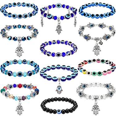 Imagem de Junkin 12 pulseiras femininas com contas de olho turco, olho azul grego, Hamsa, pulseira de proteção turca, mão da sorte de Fátima, para mulheres e homens, bênção