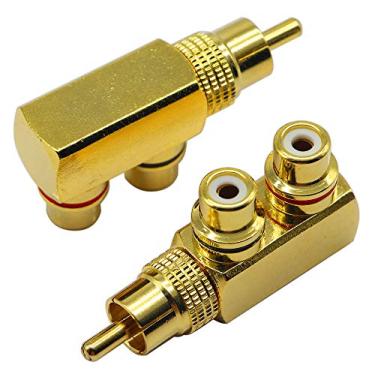 Imagem de CGTime Adaptador divisor RCA, 90 graus de ângulo reto RCA macho para 2 plugues RCA fêmeas adaptadores divisor de áudio e vídeo banhado a ouro conector de metal M/F (pacote com 2)
