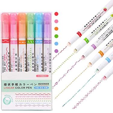 Imagem de YQkoop Conjunto de canetas marca-texto, 6 canetas de cores lineares com 6 formas de curva diferentes, canetas coloridas para adultos, adolescentes, crianças, marcadores de escrita coloridos para escrever, desenhar