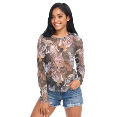 Imagem de Camisetas femininas transparentes com estampa de gatos com estampa de gatos camisas de malha gola redonda tops de malha roupa de clube, Padrão de gatos de raças diferentes, XXG