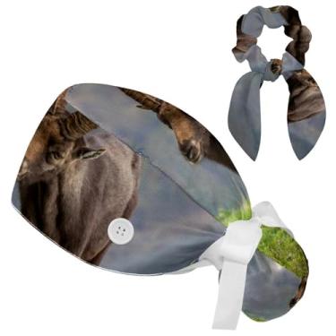 Imagem de RODAILYCAY Boné feminino geométrico Memphis Bouffant de cabelo longo com laço Scrunchie boné de trabalho de algodão faixa de suor, Multicolorido 10, Small-XX-Large