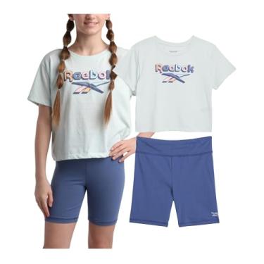Imagem de Reebok Conjunto de shorts ativos para meninas – 2 peças de camiseta de desempenho de ajuste seco e shorts de bicicleta – Roupas esportivas de verão para meninas (7-12), Roxo, 8