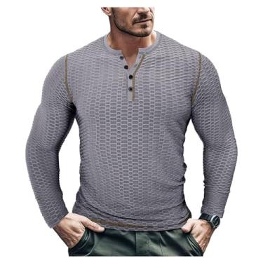 Imagem de Camisetas masculinas manga comprida slim fit esportes Henley camisetas respiráveis fitness cor sólida, Cinza, XG