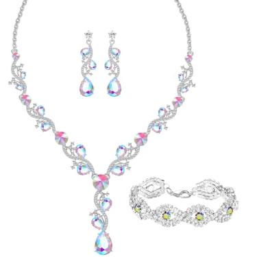 Imagem de Conjunto de 3 peças de joias banhadas a prata para mulheres, colar de cristal de strass artificial, brincos pendentes de lágrima, pulseira de tênis, bijuteria de fantasia para festa de casamento