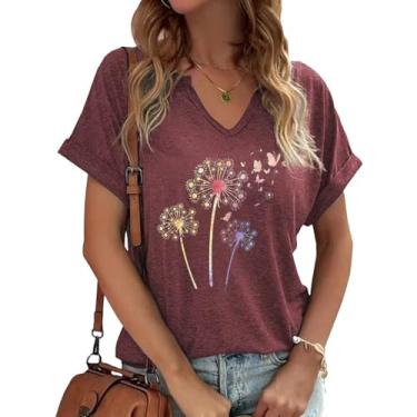 Imagem de Dandelion Shirts Camiseta feminina com gola V e girassol flores silvestres estampa casual, Vermelho - 11, P