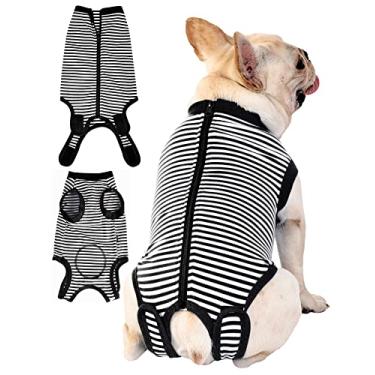 Imagem de SyChien Terno pequeno para recuperação de cães gatos após cirurgia, camisa profissional de recuperação de animais de estimação bandagens para ferimentos abdominais, coleira e cone substituto, macacão para evitar lambidelas para cães, preto-branco PP