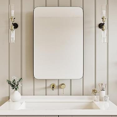 Imagem de AGDULL Armário preto de madeira para banheiro estilo vintage com espelho curvo de 43 x 73 cm, armário de remédios embutido, armário de armazenamento de banheiro