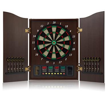 Imagem de Hanbramo Tábua de dardos decorativa, conjunto de armário de dardos [12 dardos de ponta macia], placa de dardos eletrônica – portas de armário de madeira com placar integrado para salas de jogos familiares [café]
