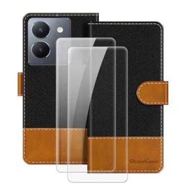 Imagem de MILEGOO Capa de couro para celular Vivo Y38 5G magnética com carteira e compartimento para cartão + [2 unidades] protetor de tela de vidro temperado para Vivo Y38 5G preto