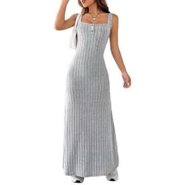 Imagem de Milumia Vestido feminino de malha lisa canelada com botão frontal frente única vestido maxi de verão, Cinza, G