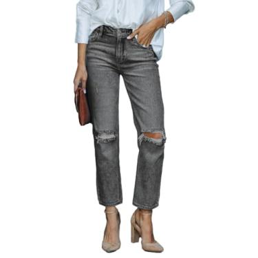 Imagem de Lesore Calça jeans feminina de cintura alta elástica desgastada destruída, Cinza-14, 27