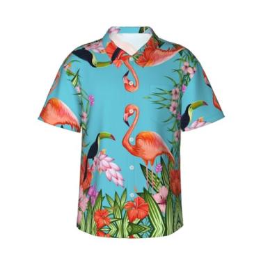 Imagem de Xiso Ver Camiseta masculina tropical de verão com frutas havaianas, manga curta, casual, praia, verão, festa na praia, Flamingo tropical da selva, XXG