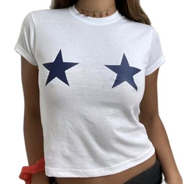 Imagem de Y2k Camiseta feminina de manga curta com estampa de laço de estrela fofa para bebês frutas cereja estética adolescentes meninas, Estrela, azul, branco, G