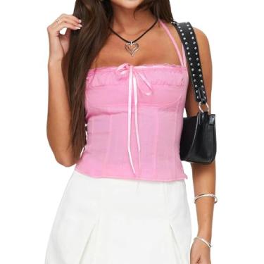 Imagem de Blusa feminina cropped justa com acabamento em renda amarrada frente única frente única alças finas para o verão, rosa, G