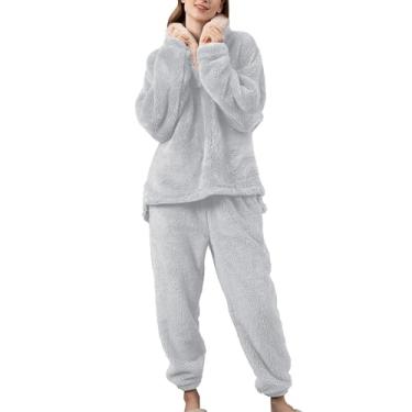 Imagem de Conjunto de pijama de flanela plus size para mulheres, gola V, blusa de lã, casual, roupa de inverno quente para casal, G - Cinza, G