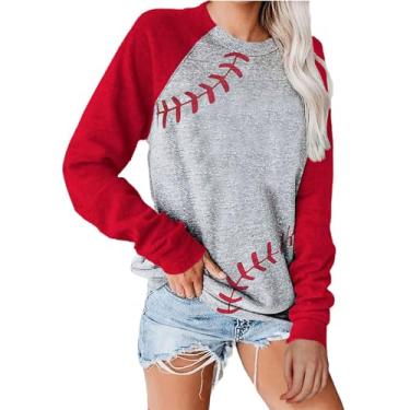Imagem de Camisetas femininas de beisebol com estampa fofa raglã manga longa pulôver casual solto gola redonda moletom 2024, Vermelho, GG