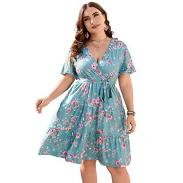 Imagem de KOJOOIN Vestido feminino plus size com decote em V, cintura alta, manga curta, vestido midi casual de verão com cinto, Manga curta flor rosa verde, 3G