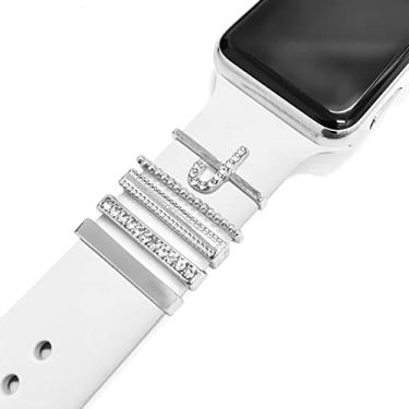 Imagem de 5 pçs amuletos para pulseira de relógio Apple 41 mm 45 mm 40 mm 44 mm feminino, diamante + metal joias anéis decorativos para iWatch série 7 6 5 4 3 se, Galaxy watch 4/clássico, pulseira de couro/silicone acessórios de charme