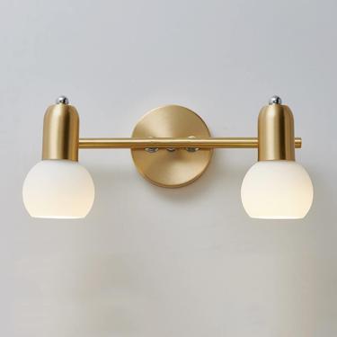 Imagem de Luminárias de banheiro, arandelas de parede de globo de vidro, lâmpada de parede de latão escovado dourado, para penteadeira de espelho, penteadeira, ouro, 2 cabeças
