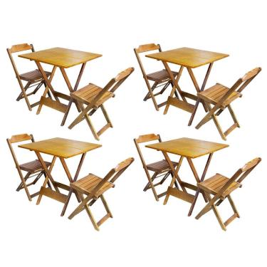 Imagem de Kit 4 Conjuntos de Mesa Dobravel com 2 Cadeiras de Madeira 70x70 Ideal para Bar e Restaurante - Castanho