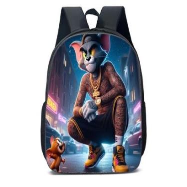 Imagem de MOCHILA ESCOLA INFANTIL JUVENIL ANIME GATO TOM CHEIO DE TATAUEGM COM SEU AMIGO JERRY-Unissex